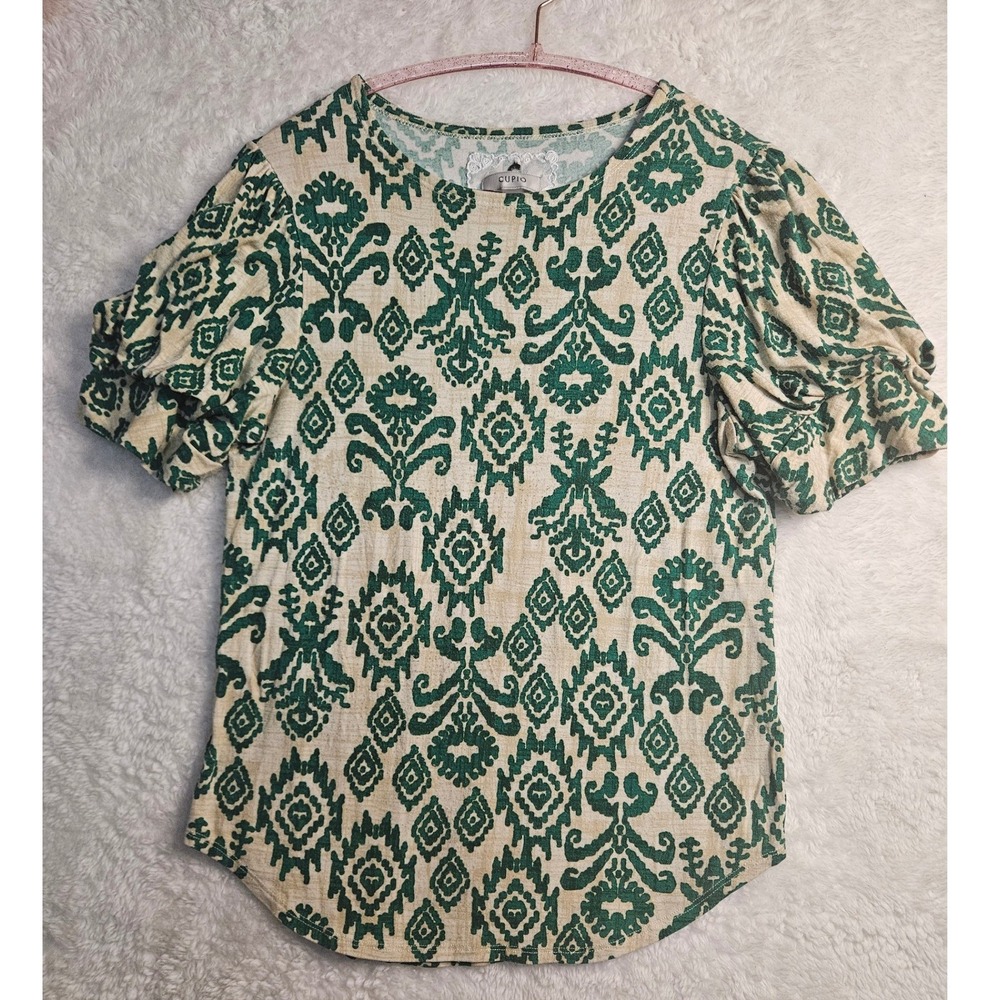 Cupio Sz M Irish Green Beige Damask‎ Ikat Print Blouse Lantern Sleeve  #575